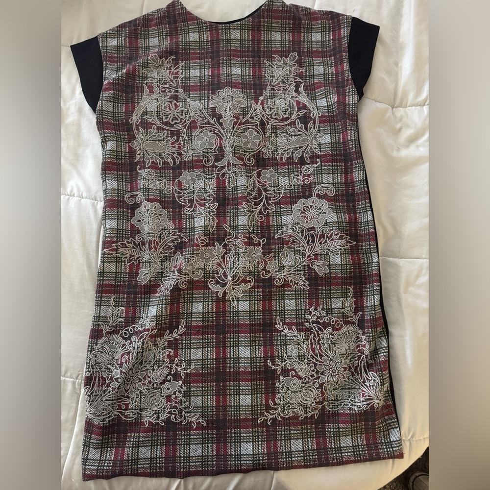 Zara Plaid Dress with Floral Embroidery - Red and Black